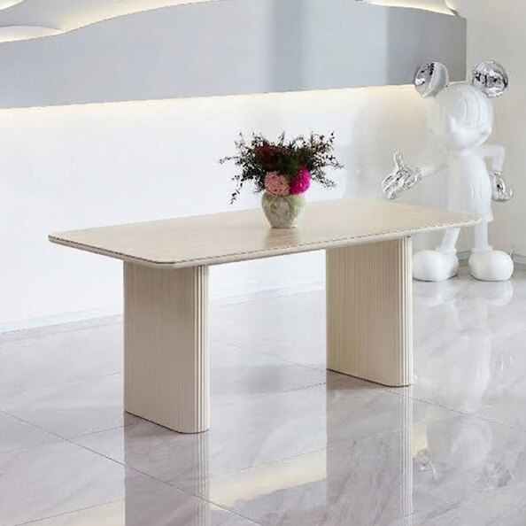 Olyra Travertine Marble Effect Sintered Stone Top Dining Table with Satin Cream Base