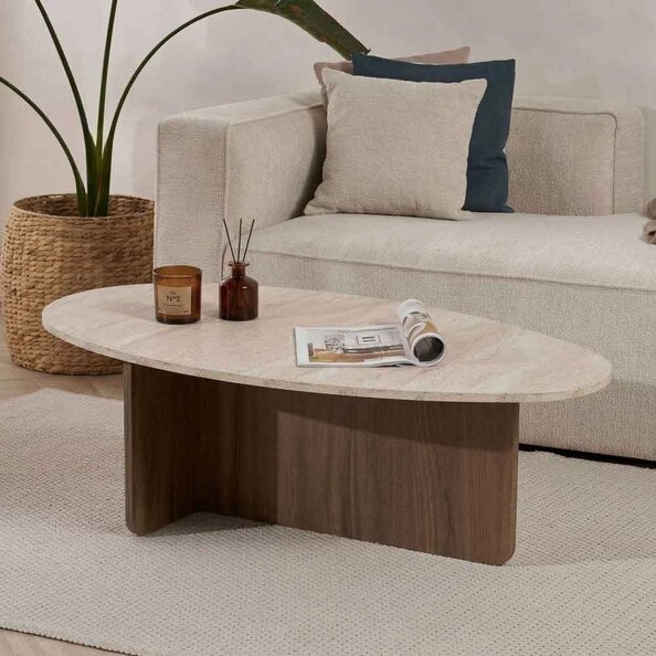Onara Oval Wooden Coffee Table in Travertine Marble Effect and Venezia Walnut
