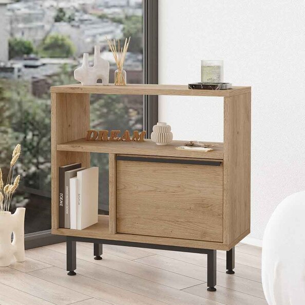 One Wooden Side Table with 1 Door in Walnut