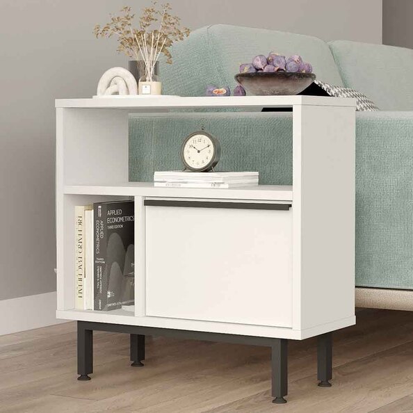 One Wooden Side Table with 1 Door in White