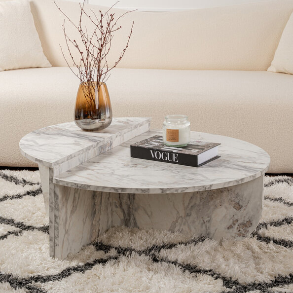 Onelio Oval Wooden Nest Of 2 Coffee Table in Freesia Marble