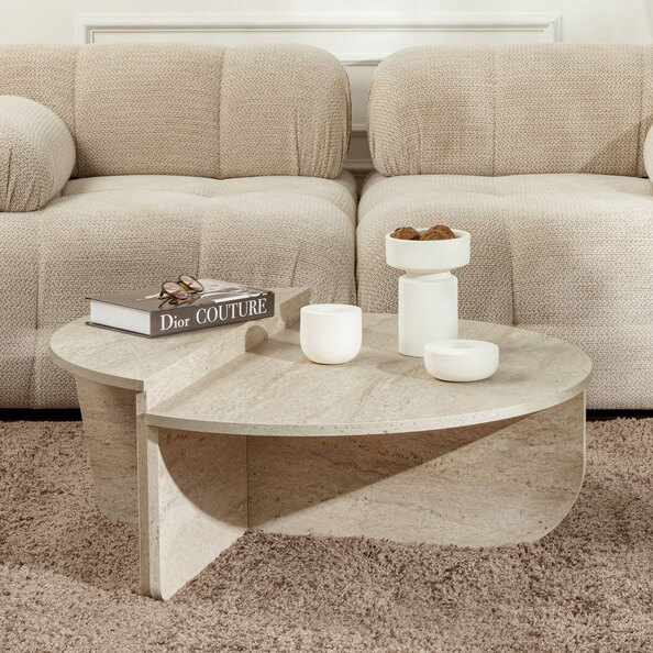 Onelio Oval Wooden Nest Of 2 Coffee Table in Travertine Marble Effect