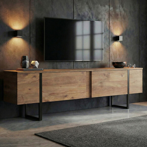 Nordic Wooden TV Stand with Metal Legs in Atlantic Pine and Black