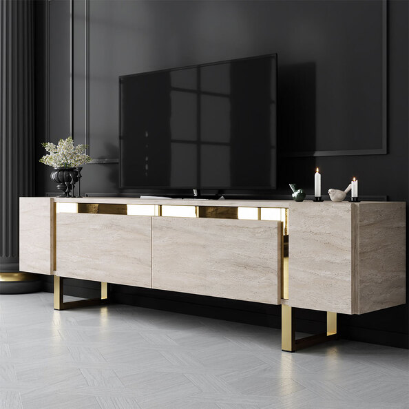 Orlento Wooden TV Stand with Gold Metal Legs in Travertine Marble Effect