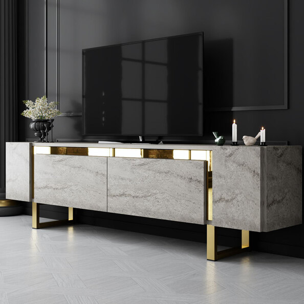 Orlento Wooden TV Stand with Gold Metal Legs in Travertine Marble Effect