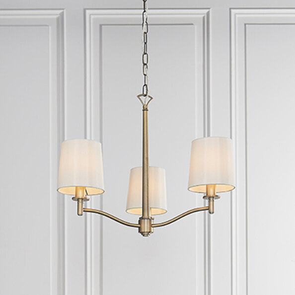 Ortona 3 Light White Fabric Pendant Light In Matt Antique Brass