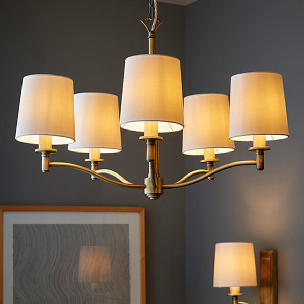 Ortona 5 Light White Fabric Pendant Light In Matt Antique Brass