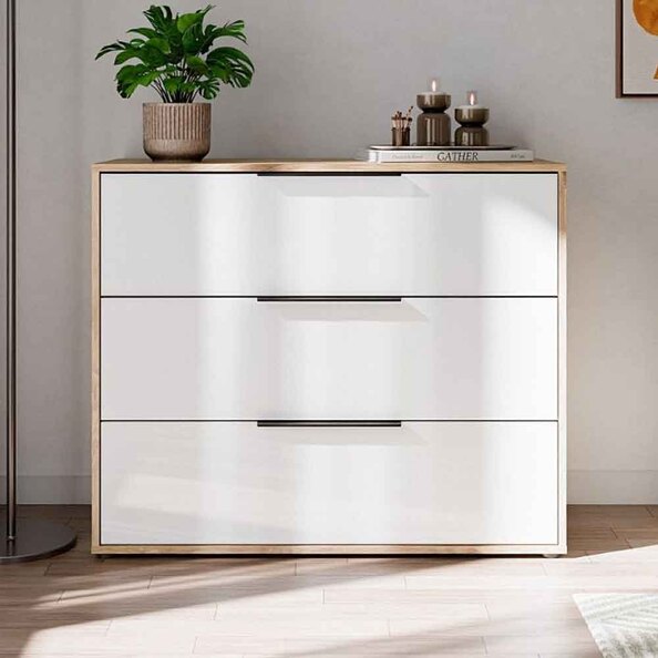 Orwyn Wooden Chest of 3 Drawers in Mauvella Oak and White Gloss