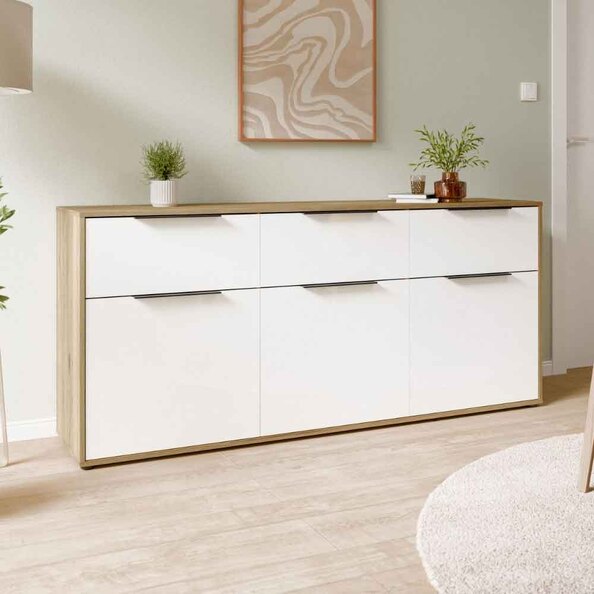 Orwyn Wooden Sideboard with 3 Doors 3 Drawers in Mauvella Oak and White Gloss