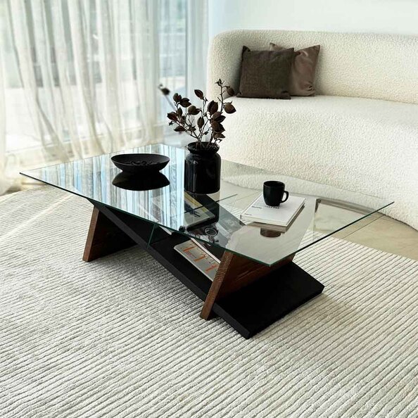 Osari Wooden Coffee Table with Tempered Glass in Black and Chesnut