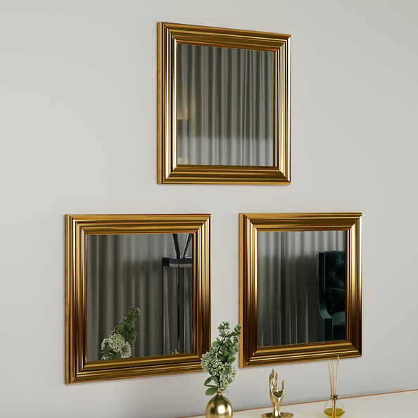 Otto Glass Set of 3 Wall Mirror with Gold Wooden Frame