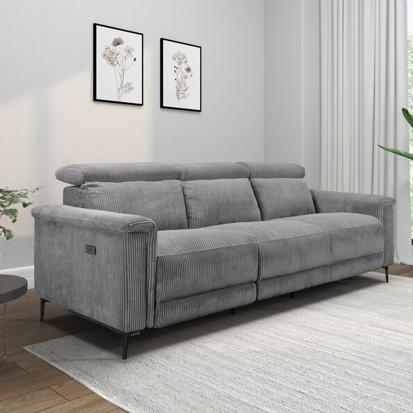 Ovaris Fabric Electric Recliner 3 Seater Sofa in Grey