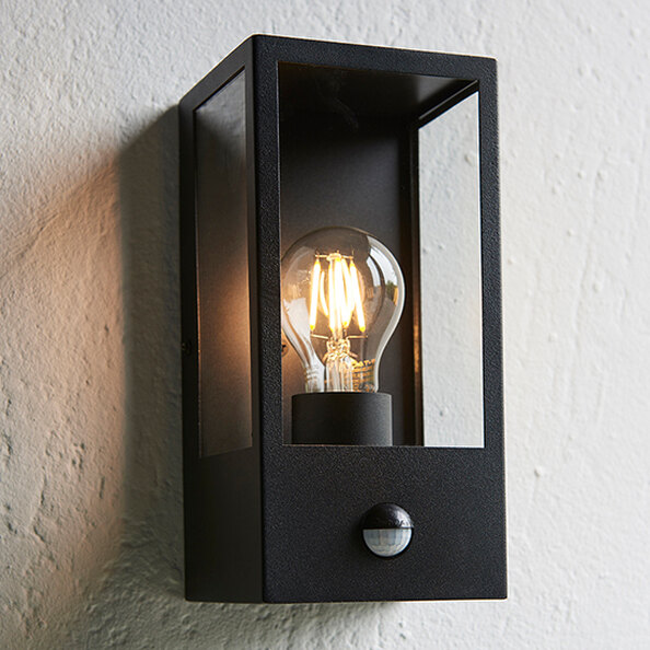 Oxford PIR Clear Glass Panels Wall Light In Matt Black