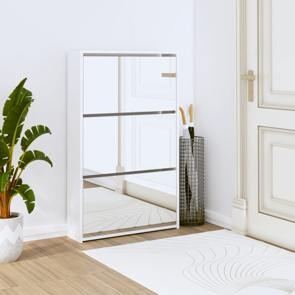 Ozark Mirrored High Gloss Shoe Cabinet With 3 Flaps In White