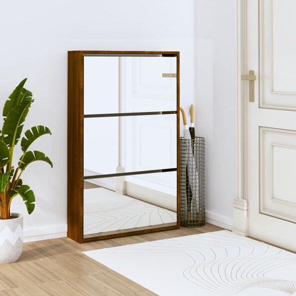 Ozark Mirrored Shoe Cabinet With 3 Flaps In Brown Oak