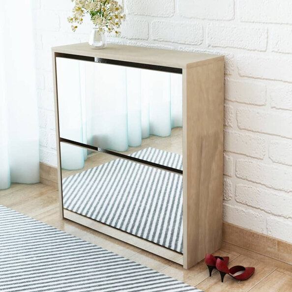Ozark Mirrored Shoe Storage Cabinet With 2 Flip Doors In Oak