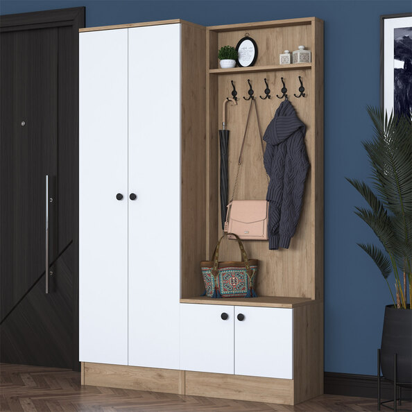 Palero Wooden Hallway Furniture with Coat Rack in White and Walnut
