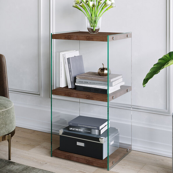 Palladio Walnut Pine Solid Wood Side Table with Glass Frame