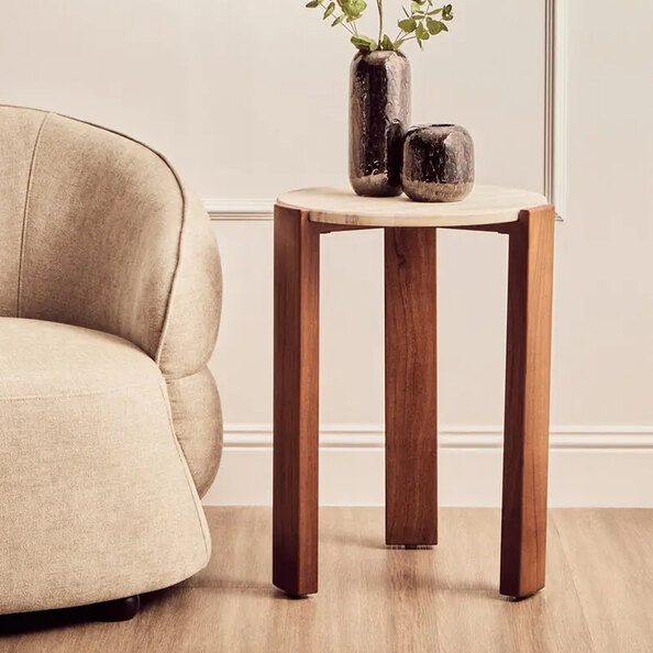 Paramus Cream Travertine Top Side Table With Wooden Legs