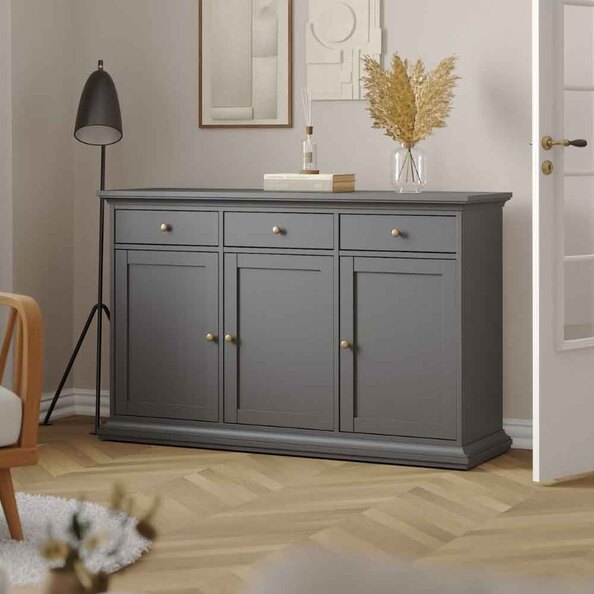 Parayo Wooden Sideboard With 3 Doors 3 Drawers In Matt Grey