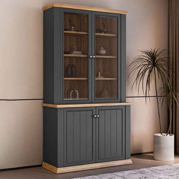 Parenzo Wooden Display Cabinet with 4 Doors in Wolfram Grey and Mauvella Oak