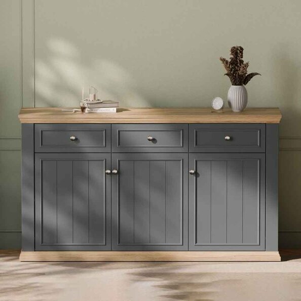Parenzo Wooden Sideboard with 3 Doors 3 Drawers in Wolfram Grey and Mauvella Oak