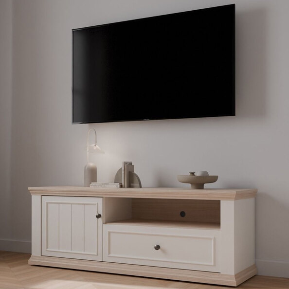 Parenzo Wooden TV Stand with 1 Door 1 Drawer in White and Riva Oak