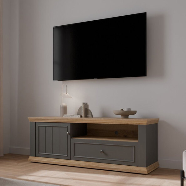 Parenzo Wooden TV Stand with 1 Door 1 Drawer in Wolfram Grey and Mauvella Oak