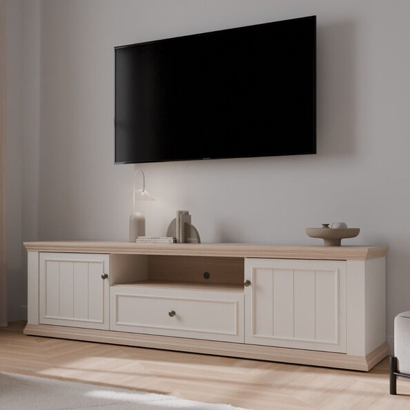 Parenzo Wooden TV Stand with 2 Doors 1 Drawer in White and Riva Oak