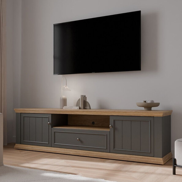 Parenzo Wooden TV Stand with 2 Doors 1 Drawer in Wolfram Grey and Mauvella Oak