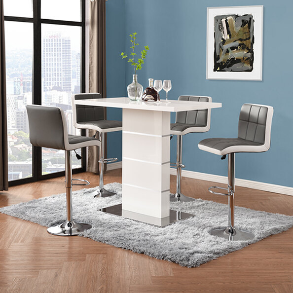 Parini White Gloss Bar Table With 4 Copez Grey White Stools