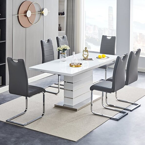 Parini Small Extending White Dining Table 4 Petra Grey Chairs