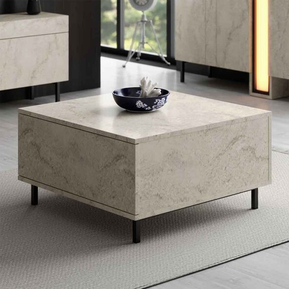 Paris Square Wooden Coffee Table in Travertine Marble Effect
