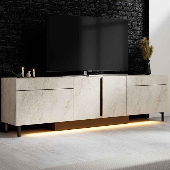 Paris Wooden LED TV Stand with 4 Doors in Travertine Marble Effect