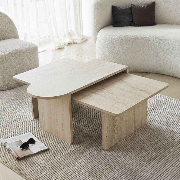 Paris Wooden Nesting Coffee Tables in Travertine Marble Effect