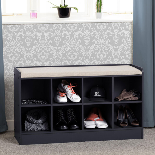 Parnu Wooden Shoe Storage Bench with Cream Fabric Seat in Navy Blue