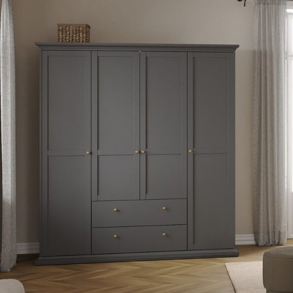 Paroya Wooden Wardrobe with 4 Doors 2 Drawers In Matt Grey