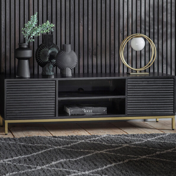 Pauls Wooden TV Stand With 2 Doors 2 Shelves In Black