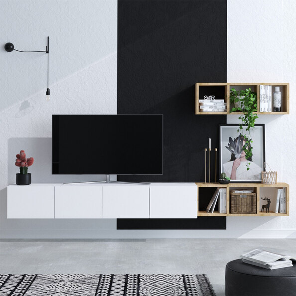 Pavona Wooden TV Stand with Wall Shelf in White Oak