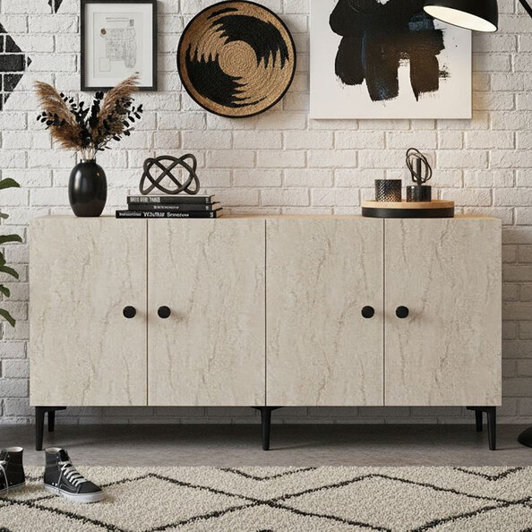 Pella Wooden Sideboard with 4 Doors in White and Travetine Marble Effect
