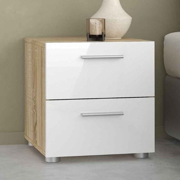 Perkin Wooden Bedside Cabinet With 2 Glossy Drawers In White And Oak