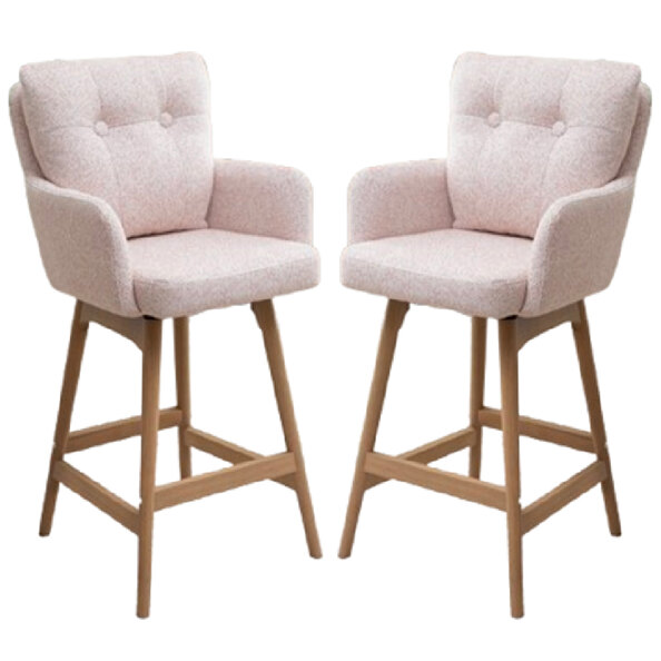 Petaluma Blush Pink Fabric Bar Chairs With Oak Legs In Pair