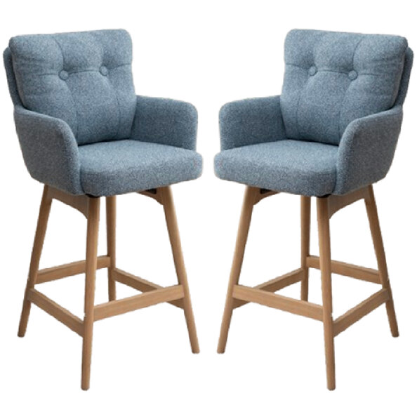 Petaluma Storm Teal Fabric Bar Chairs With Oak Legs In Pair