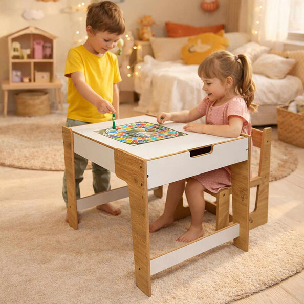 Phoenix Wooden Table and Chair in White and Natural