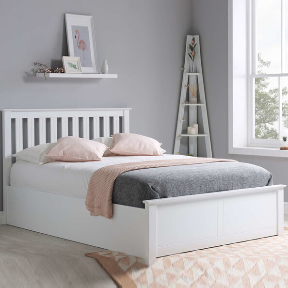 Phoney Wooden Ottoman Storage King Size Bed In White