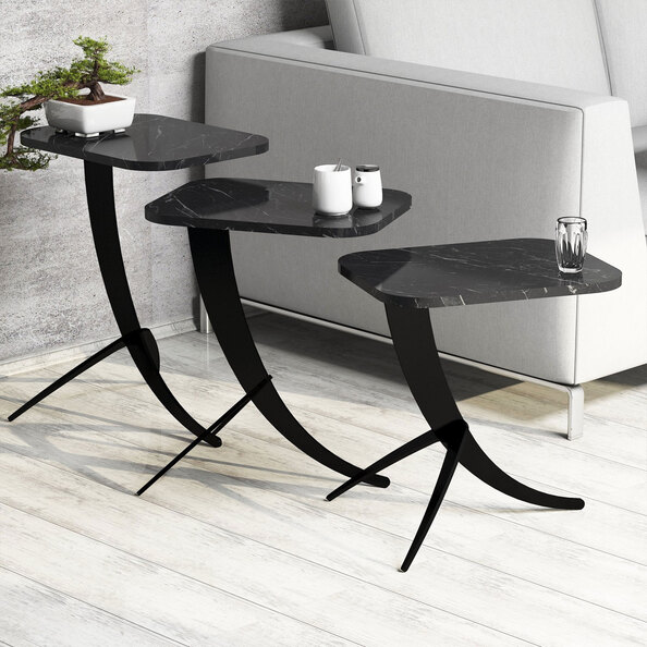 Pion Black Marble Effect Nesting Side Tables with Metal Legs