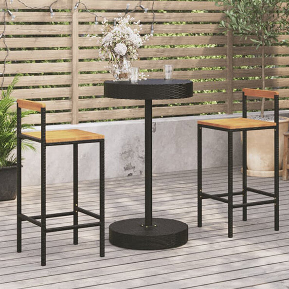 Piper Solid Wood 3 Piece Garden Bar Set In Black Poly Rattan