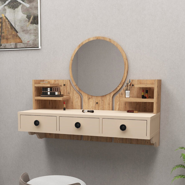 Polina Wooden Wall Mounted Dressing Table with Mirror in Atlantic Pine and Beige