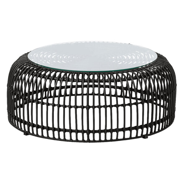 Ponoka Glass Top Outdoor Coffee Table With Rattan Base In Black