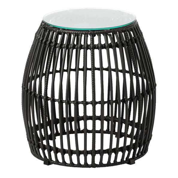 Ponoka Glass Top Outdoor Side Table With Rattan Base In Black